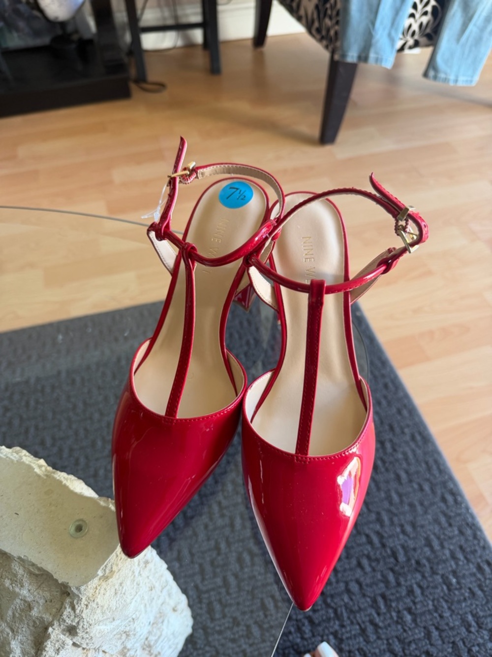 Nine West Red Patent T-Strap Pointed Toe Pumps